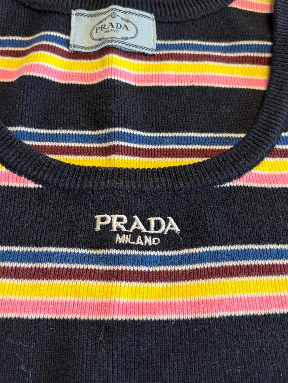 Prada Navy Striped Knit Tank with Pink, Yellow & White Bands - Picture 3 of 4